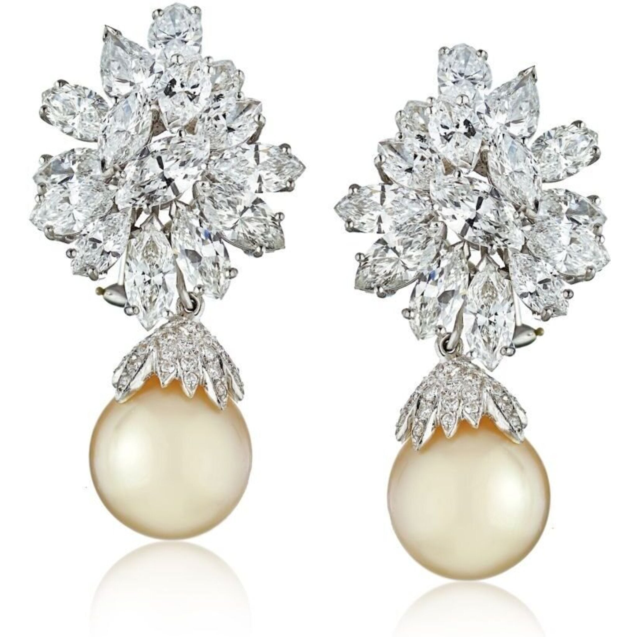 Platinum 26 Carats Diamond Cluster And Pearl Drop Earrings