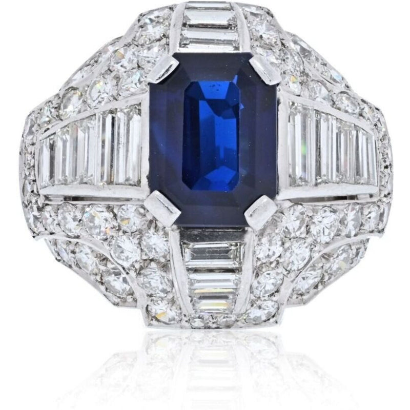 Platinum 7 Carat Emerald Cut Sapphire Diamond Ring