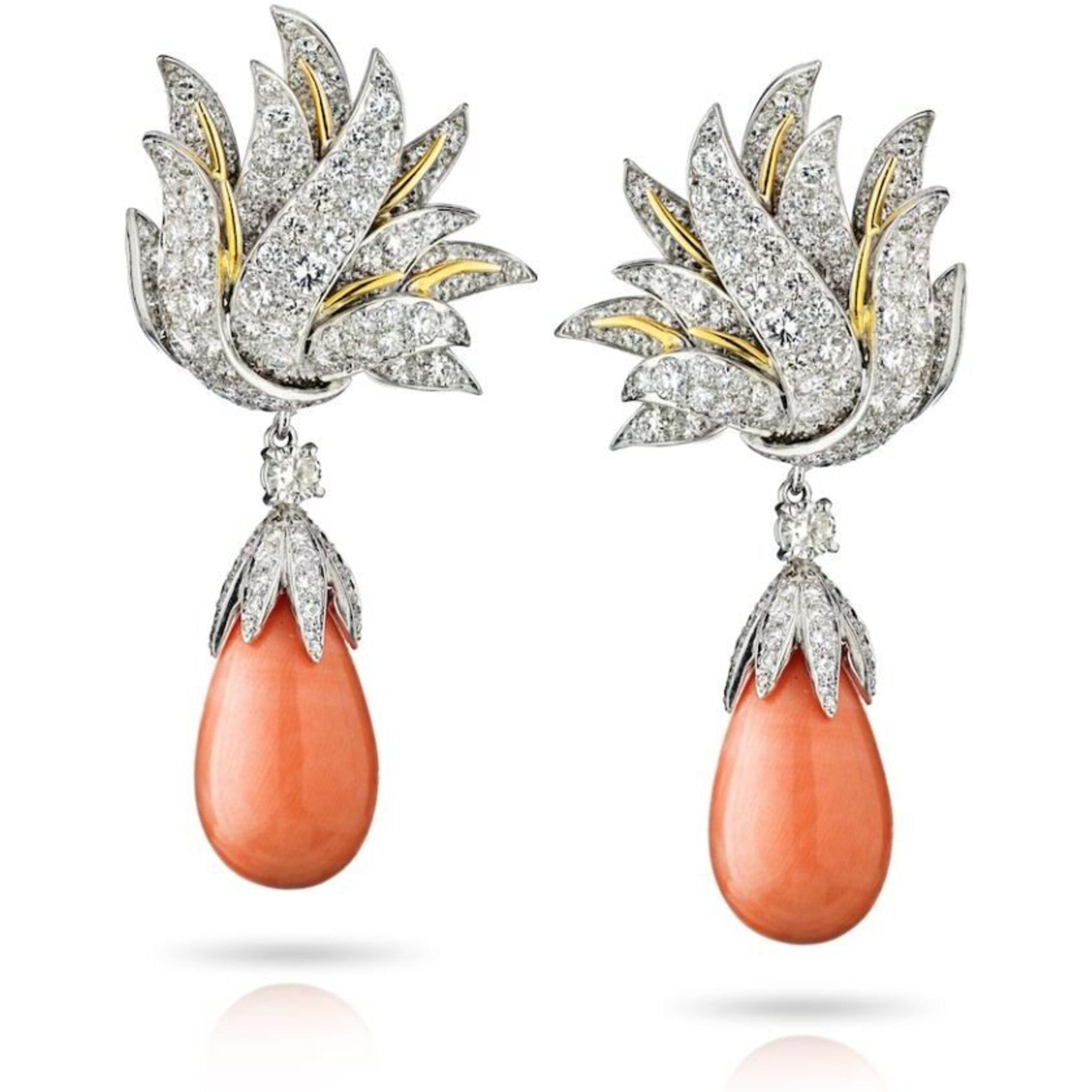 Platinum & 18K White Gold 7 Carat Diamond And Drop Coral Earrings