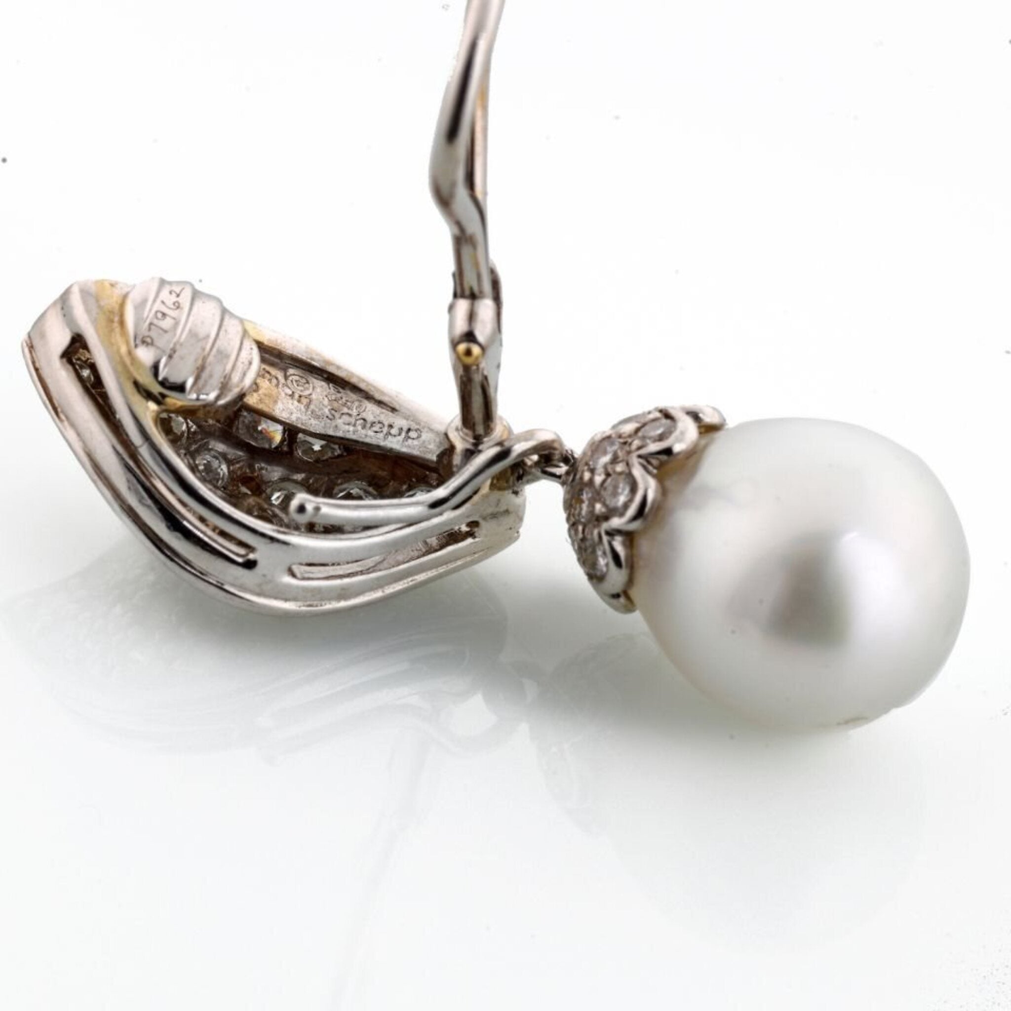 Earrings, Freshwater Pearl & Diamond Drop, 18K Yellow Gold