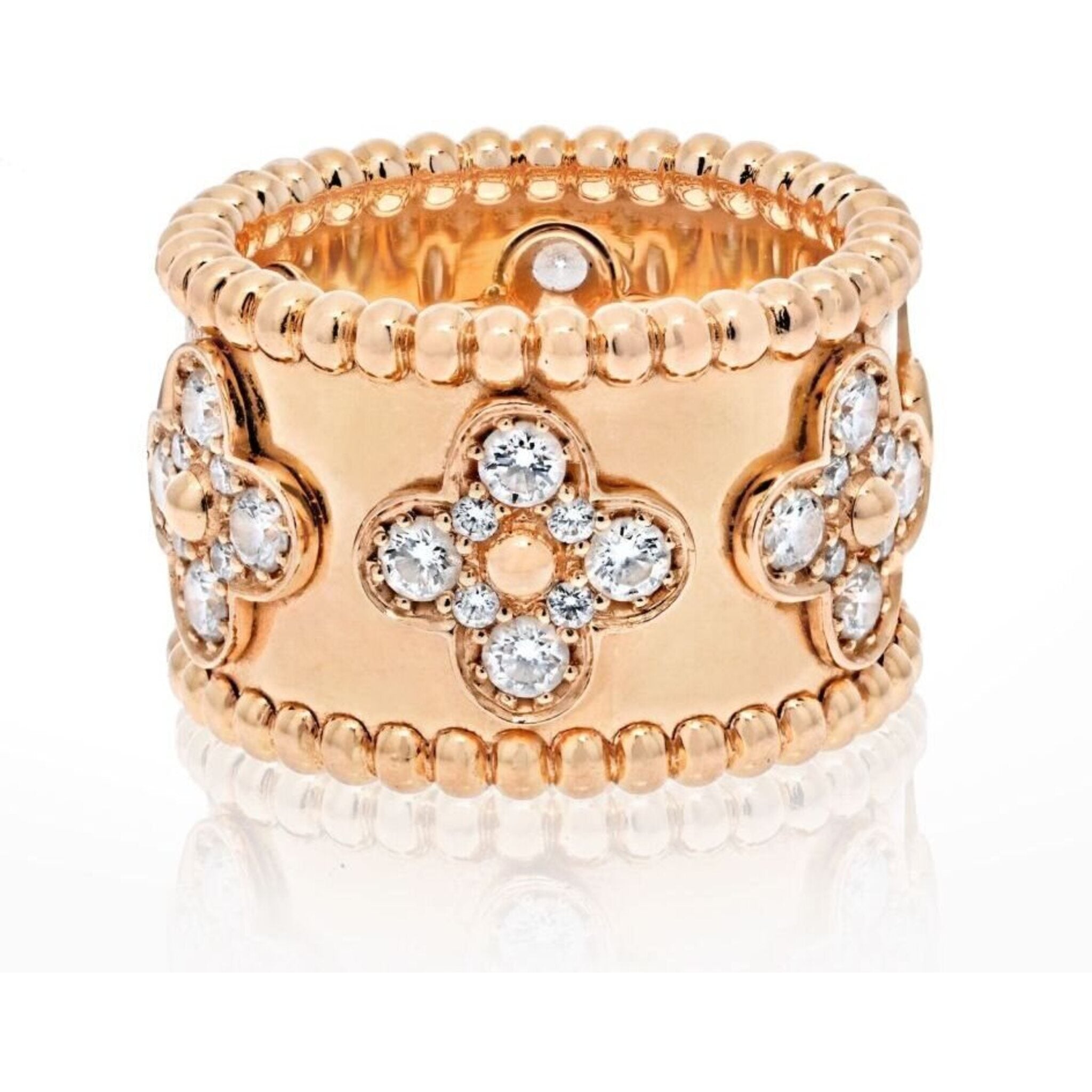 Van Cleef Arpels 18K Yellow Gold Perlee Clover Diamond Ring